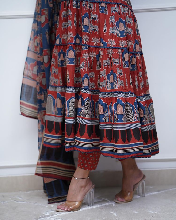 Printed Long gown Kurti With Pant And Dupatta